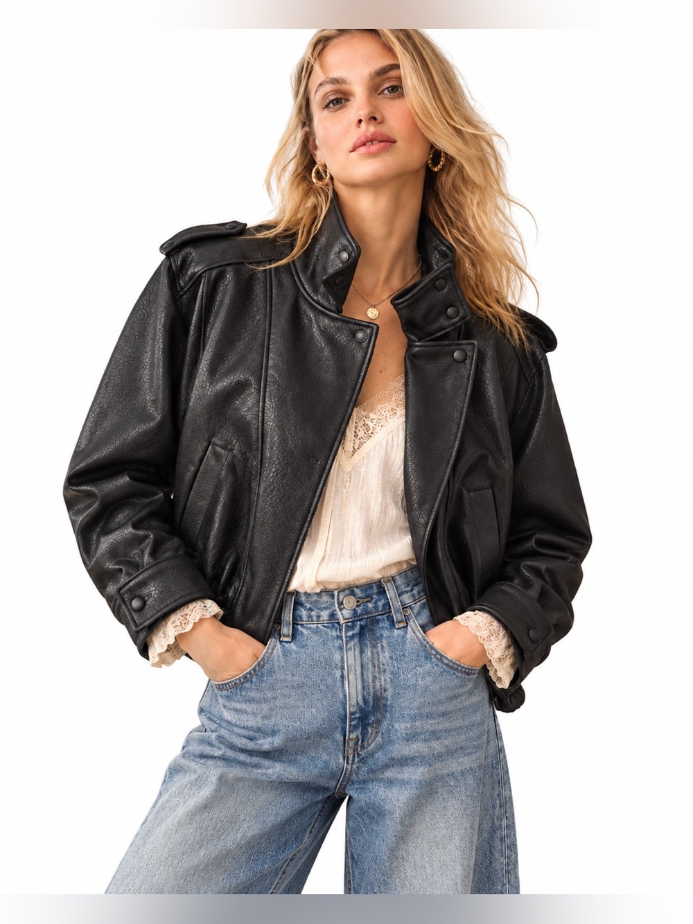 Bailey 44 Snap Collar Faux Leather Bomber Jacket